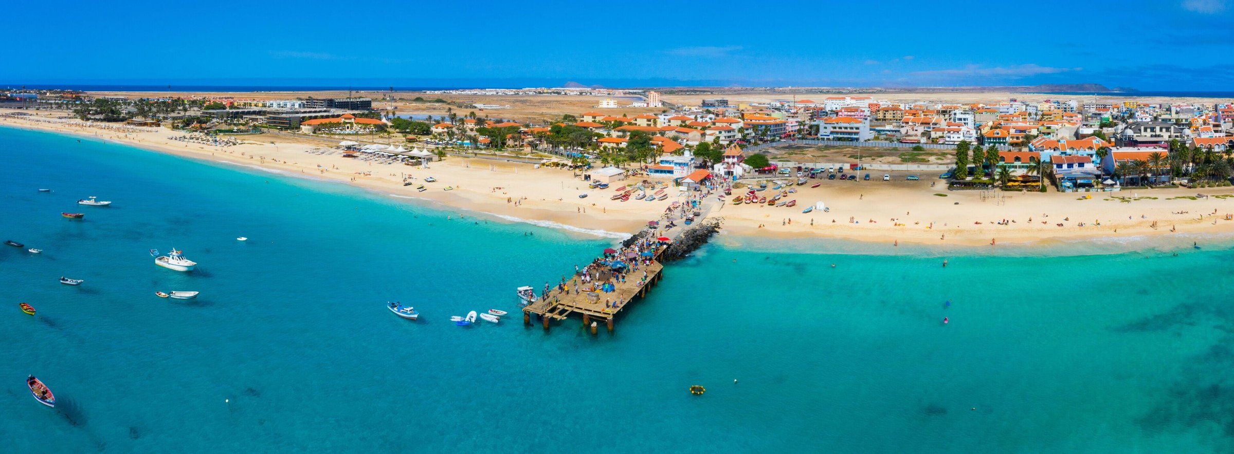 Aerial view of Santa Maria beach and turquoise water on Sal Island, Cape Verde