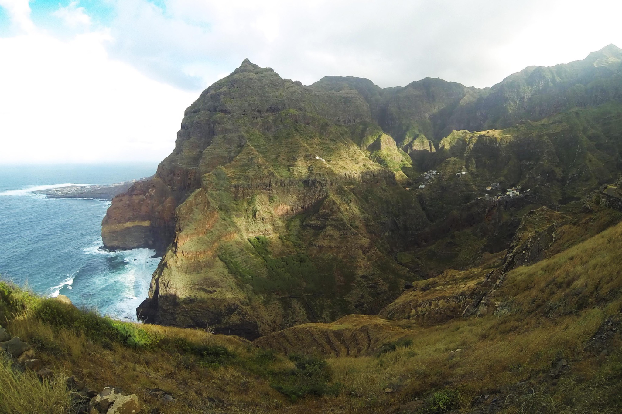 Green Santo Antão coastline and mountains above the Atlantic