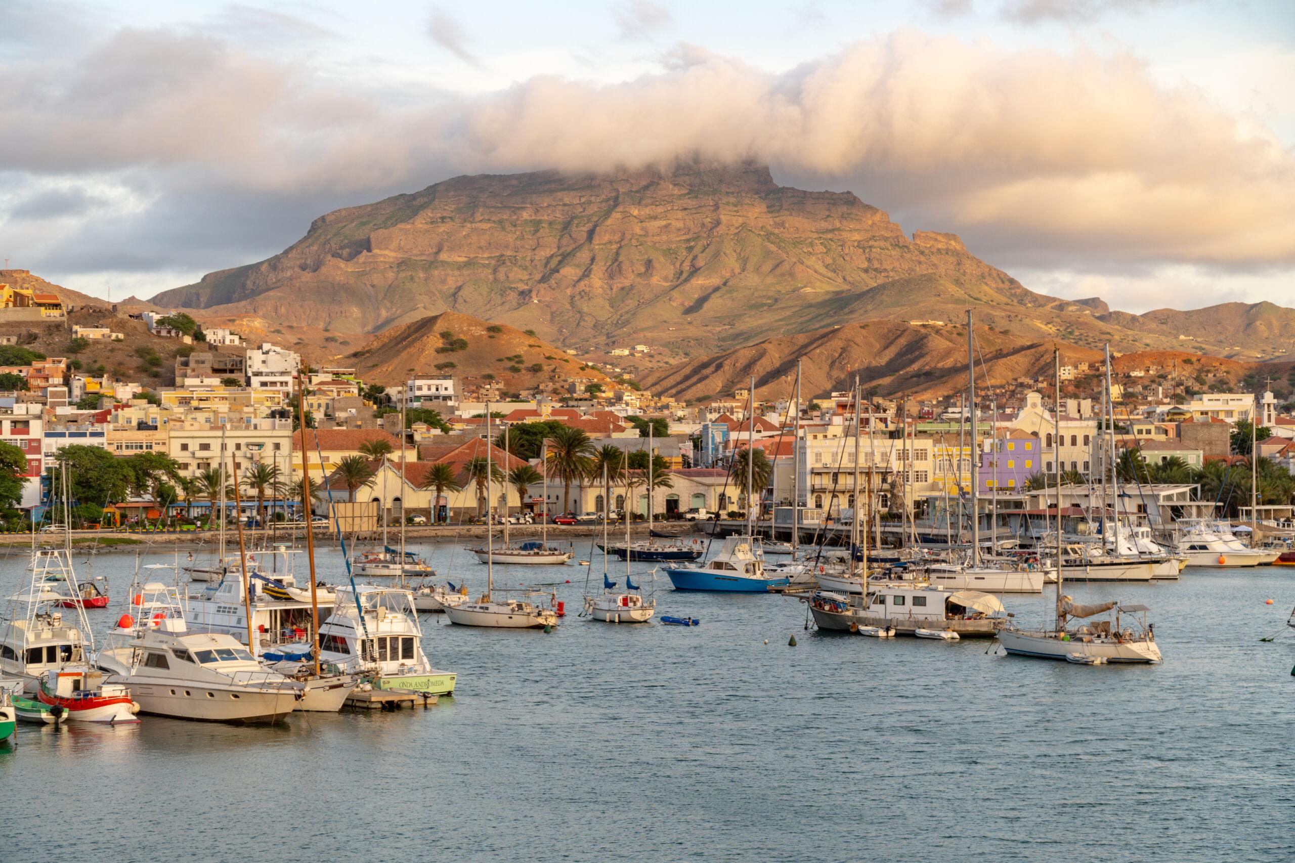 Mindelo harbor and Monte Cara on São Vicente island, Cape Verde